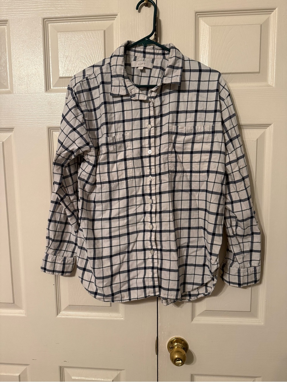 LOFT women’s White and Navy Check Button-Down Shirt
